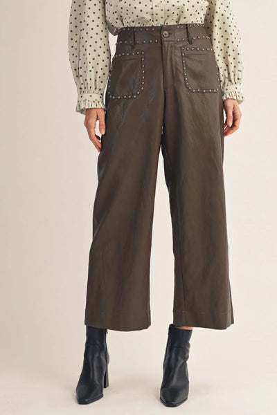 McKee Vegan Leather Wide Leg Pant With Stud Detail - Brown