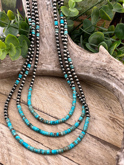 Kaper 3 Strand 4mm Layered Navajo Pearl Necklace With Turquoise Cylinder Beads