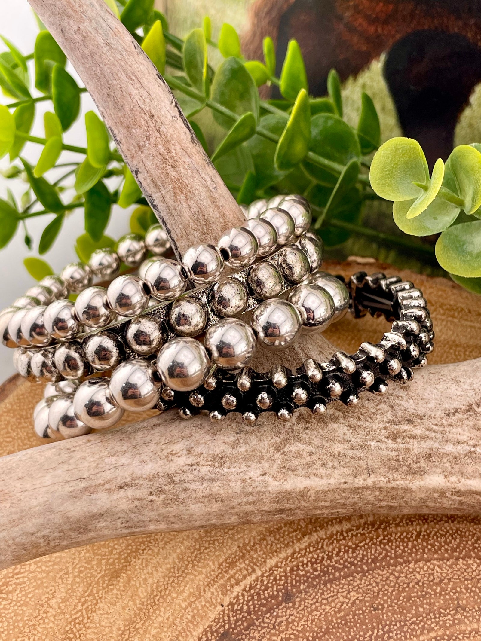 Preston Studded Silver Bead Stackable Fashion Bracelet Set - Silver