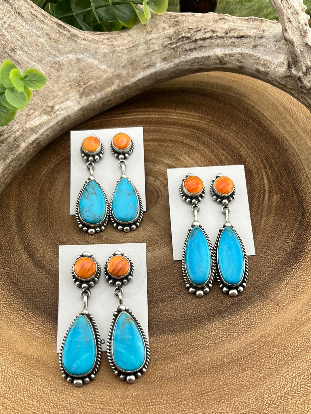 Fairview Orange Spiny Post Turquoise Drop Earrings - 2.5"