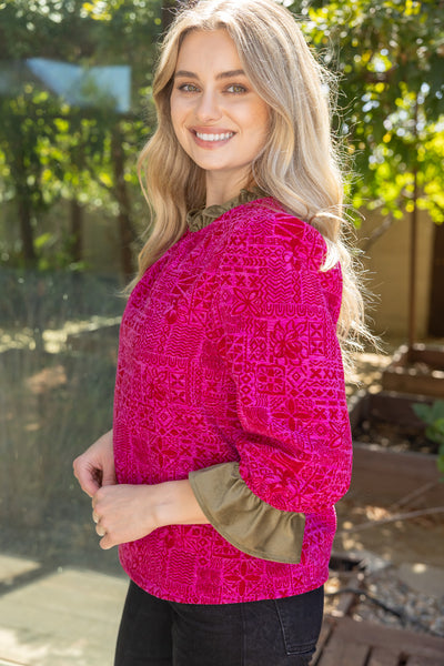 Magenta Puff Sleeve Contrast Ruffle Abstract Printed Top
