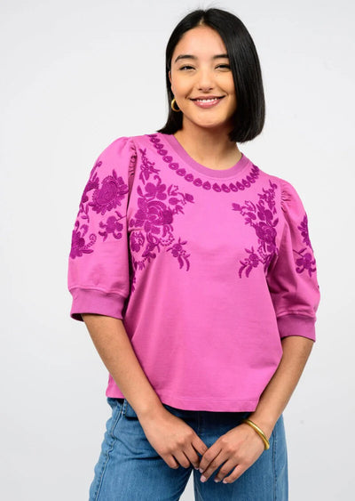 Person wearing a pink sweater with floral patterns on a plain background