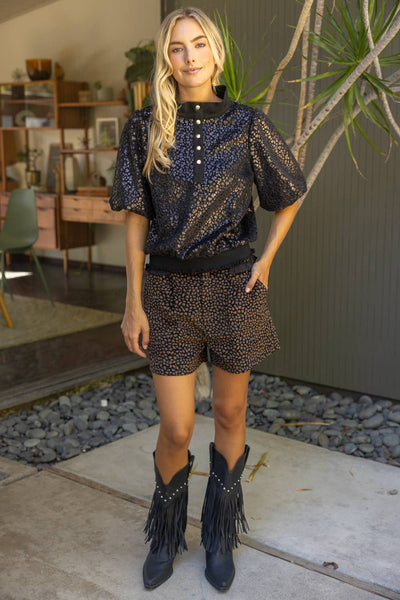 37329 Metallic Animal Print Snap Button Up Top