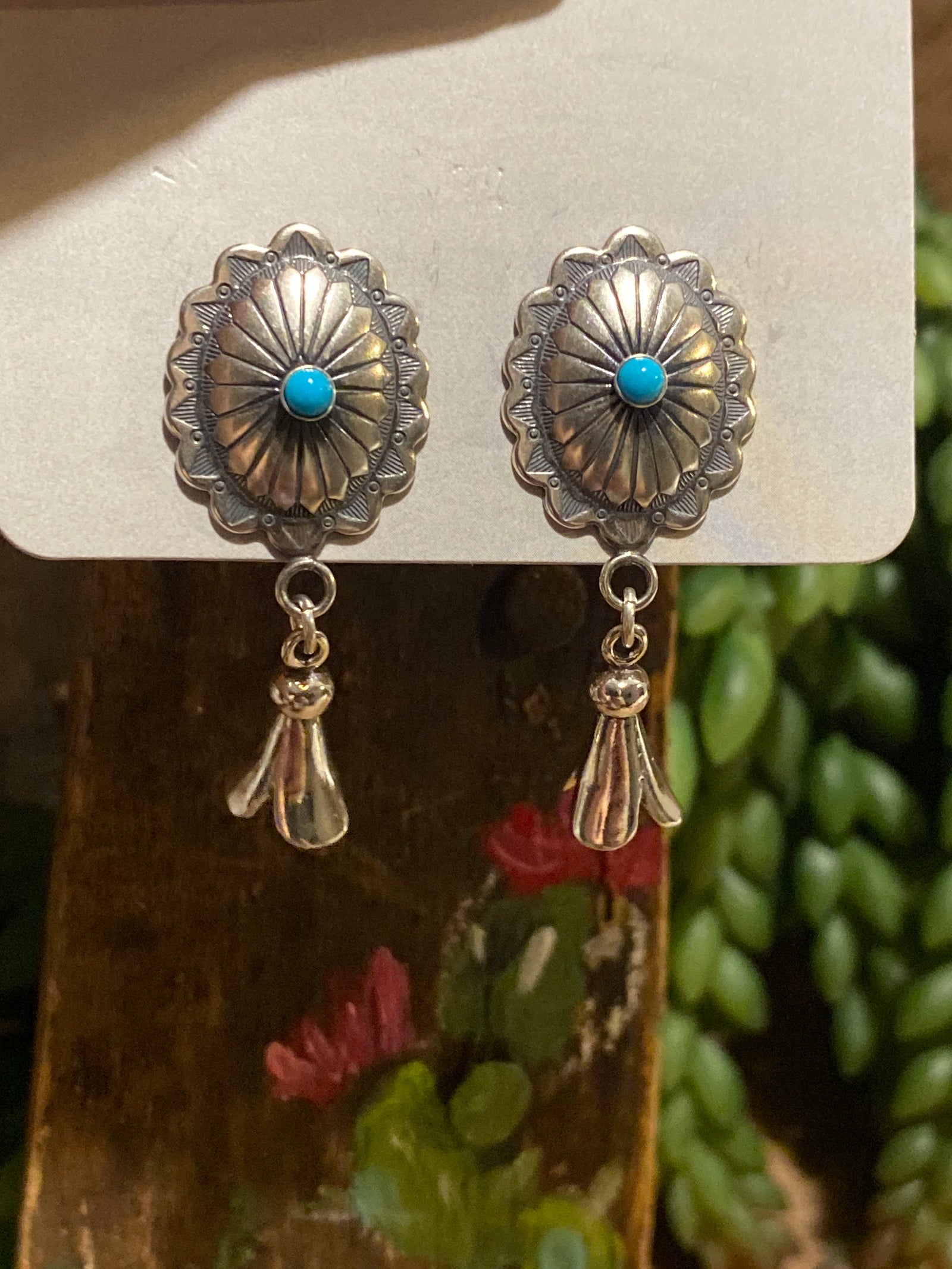 Canal Turquoise Center Concho Post Flute Blossom Earrings - 1.6"