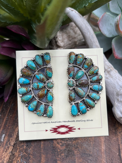Northumberland Turquoise Zuni 1/2 Moon Cluster Earrings - 1.5"