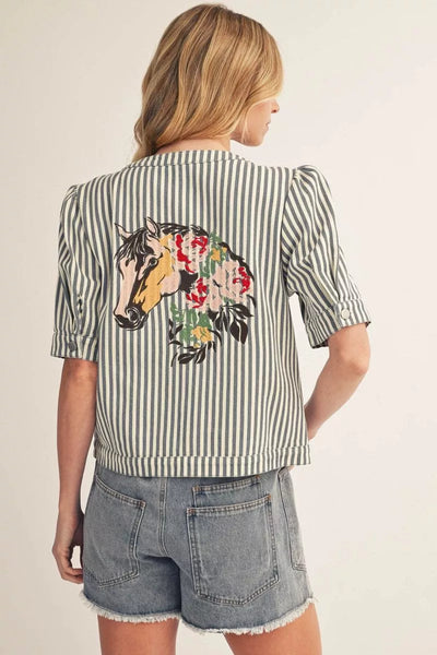 Embroidered Horse Striped Denim Short Sleeve