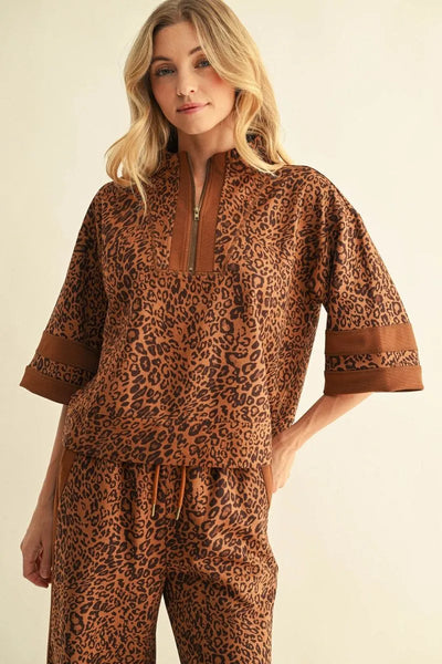 Abrava Half Sleeve Leopard Zip Pullover