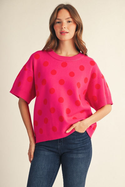 Milton Polka Dot Short Sleeve Sweater - Hot Pink