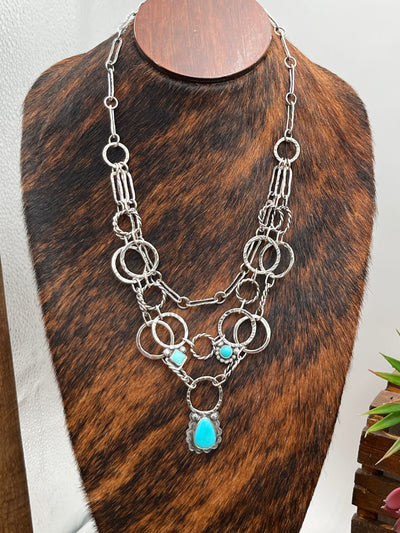 Eleanor Triple Layer Ring Link Turquoise Sterling Necklace - 20"