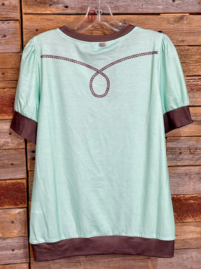 Roping Wagon Cowgirl Print Top - Mint