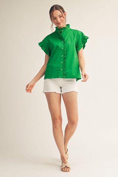 Susana Short Sleeve Ruffle Neck Button Front Top