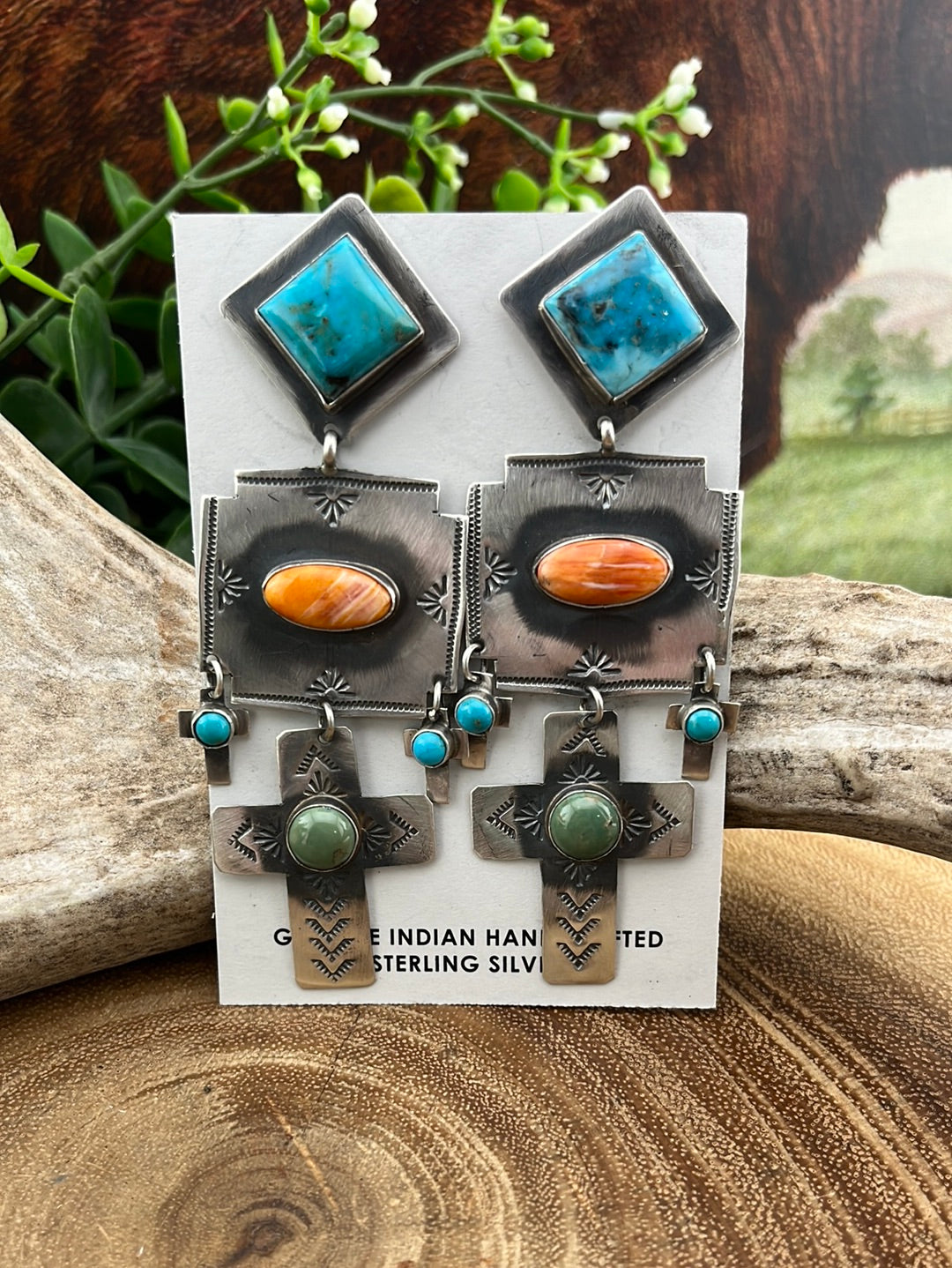 Jazzy 3 Tier Sterling Turquoise & Spiny Cross Earrings