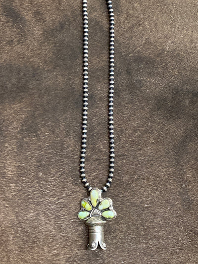 Nelson 6mm Navajo Necklace With Large Turquoise Flute Blossom Pendant - 24"