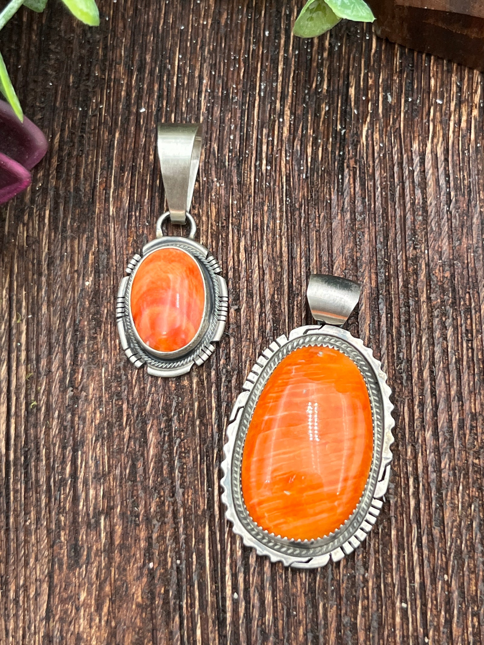 Modal Orange Spiny Sterling Oval Pendants