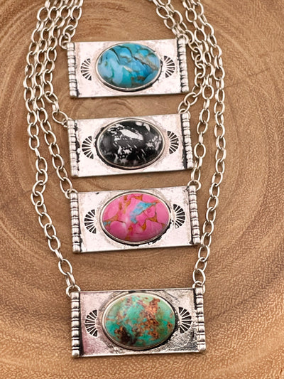 Clipster Fashion Necklace With Silver Bar Oval Stone Pendant