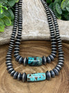 Jasper 4-14mm Graduated Sterling Saucer Necklace With Tibetan Turquoise Barrel Bead Center - 16-18"