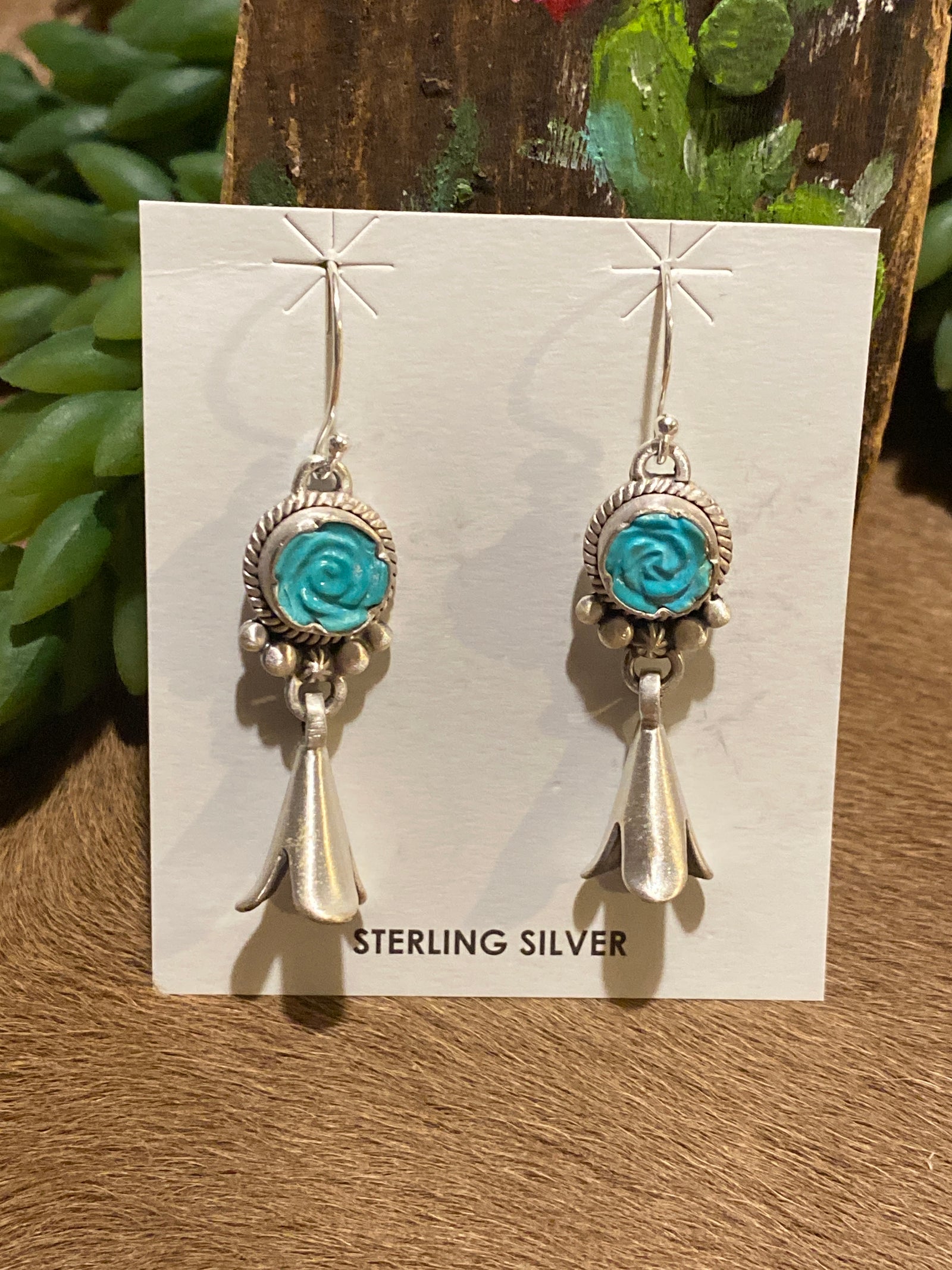 Boland Carved Rose Sterling Flute Blossom Earrings - Turquoise