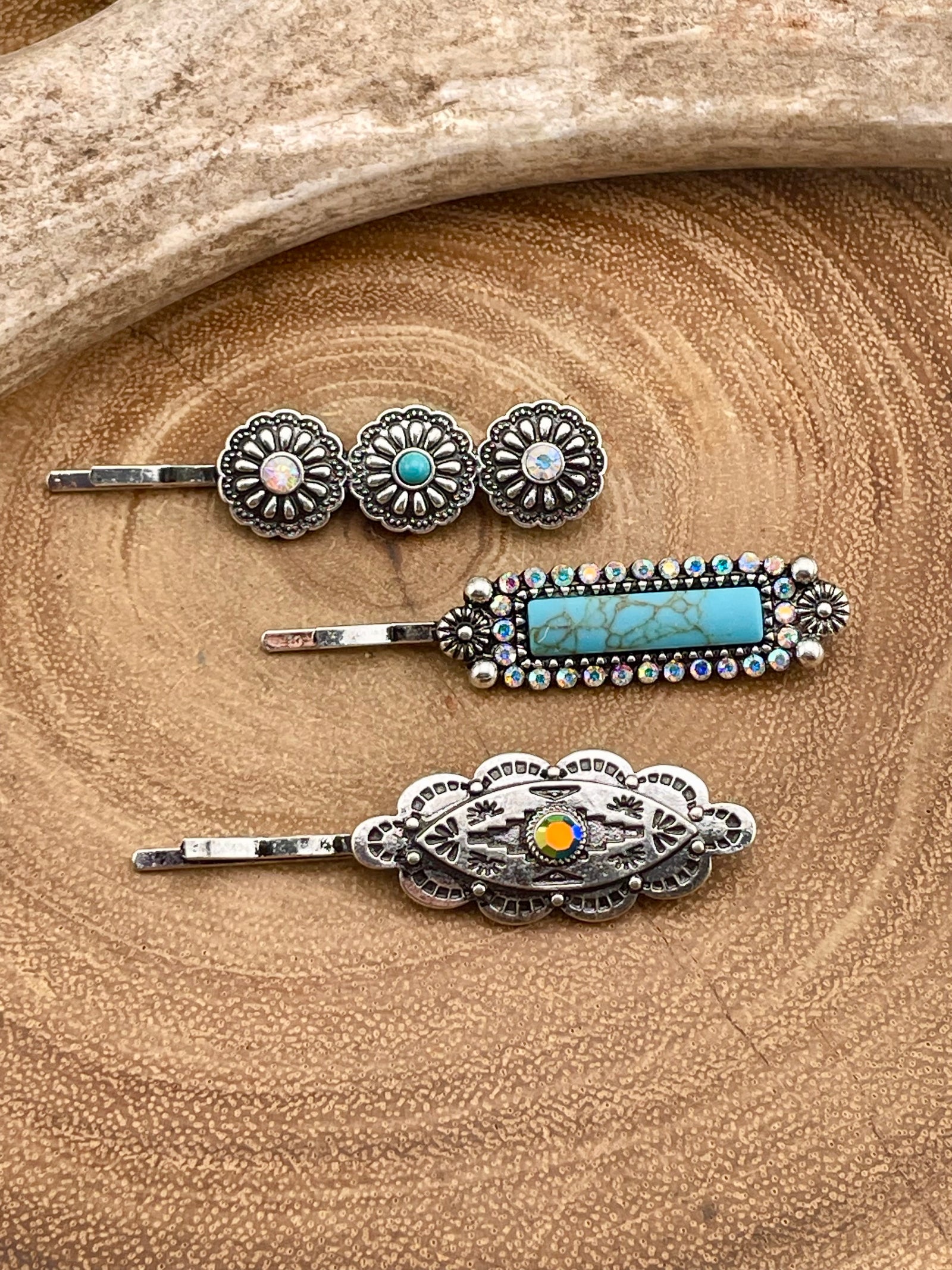Acro Turquoise & Rhinestone Fashion Silver Concho 3 Piece Hair Pin Set