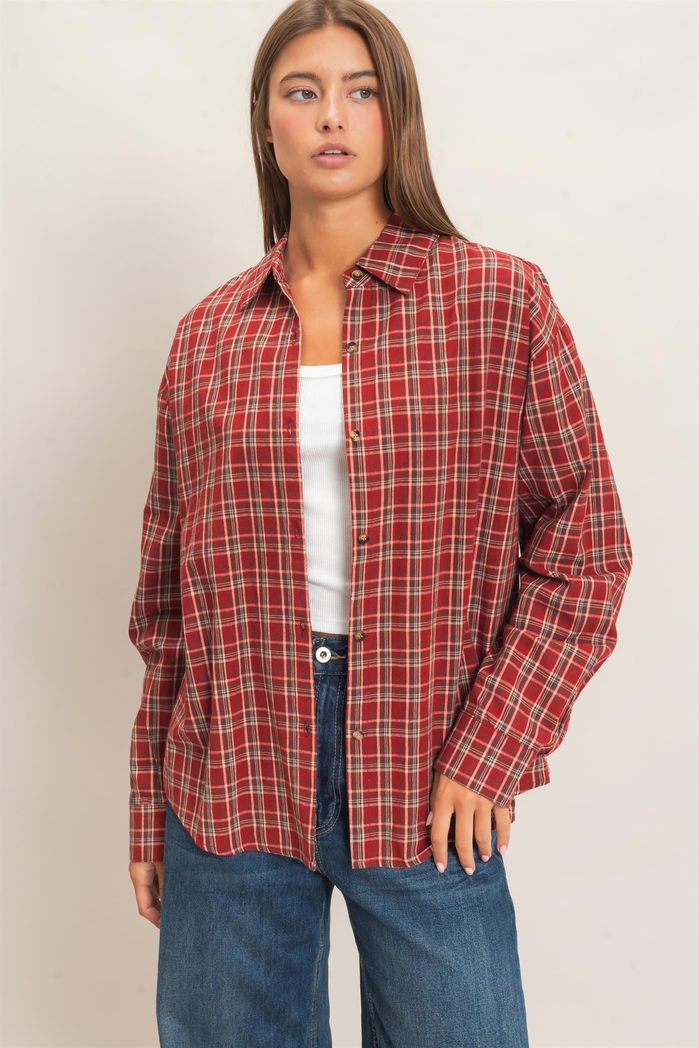 Lexington Oversized Plaid Button Down Shirt - Dark Red