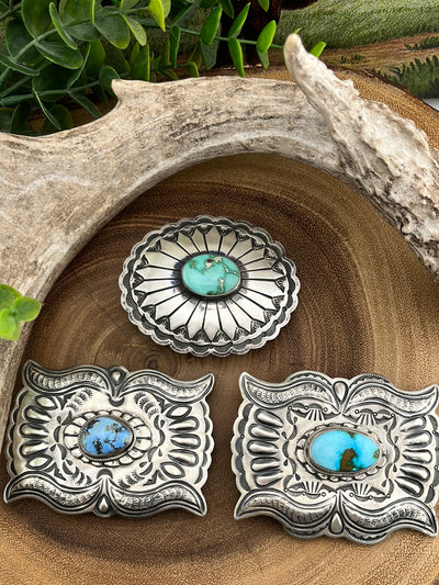 Denver Sterling Silver and Royston Turquoise Stamped Belt Buckle