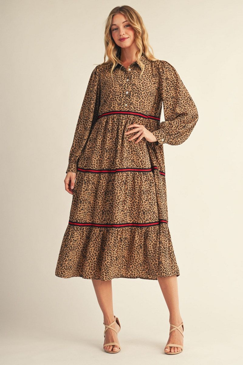 Alexandria Leopard V Neck Tiered Dress With Red/Black Contrast