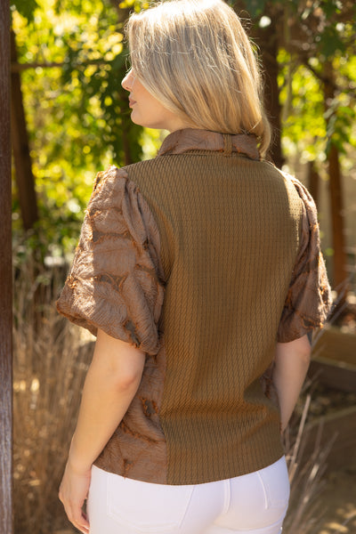 Tie Neck Mixed Textured Bubble Sleeve Top