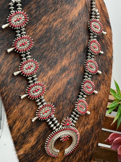 Meldon Sterling Saucer Squash Blossom Necklace - Coral