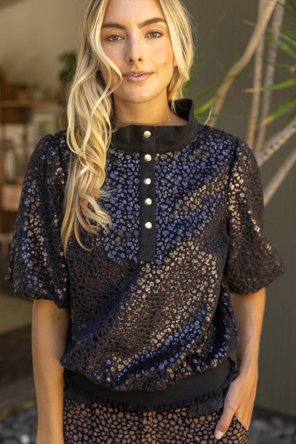 37329 Metallic Animal Print Snap Button Up Top