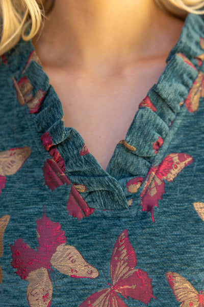37314 Ruffled V-Neck Butterfly Jacquard Top