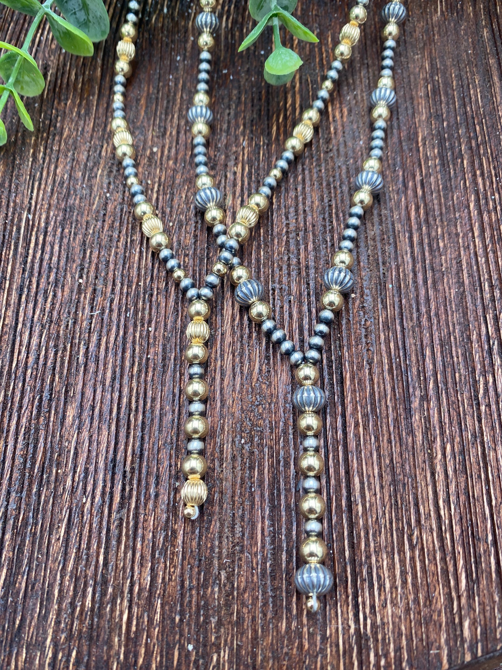 Axis Sterling 4mm Navajo, Stamped Bead & Gold Y Necklace