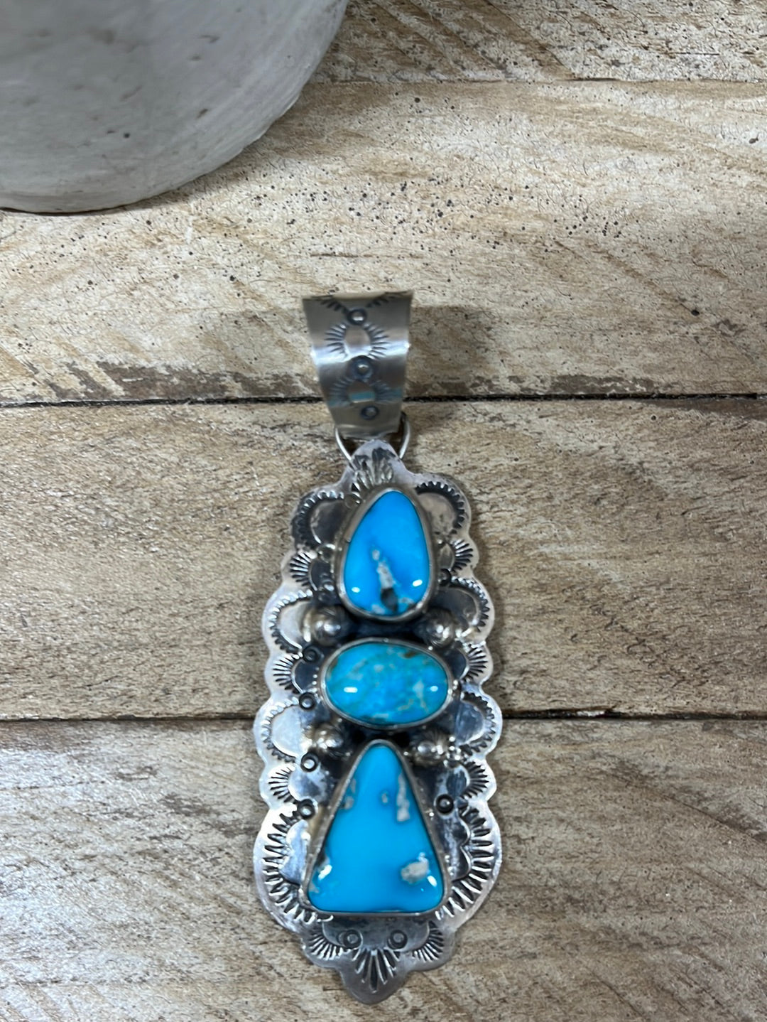 Triple Turquoise Stone Stamped Pendant