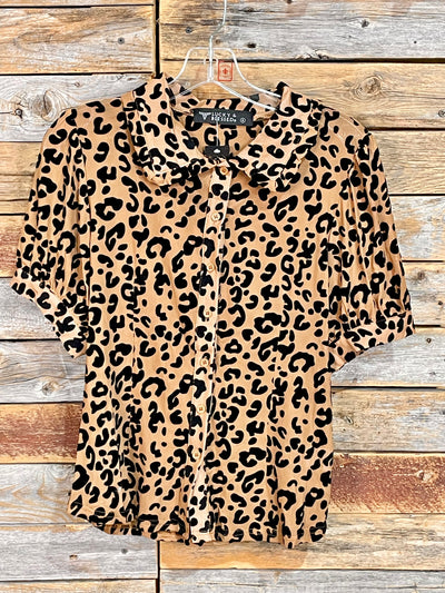 Lindale Leopard Burnout Ruffle Collar Puff Sleeve Blouse