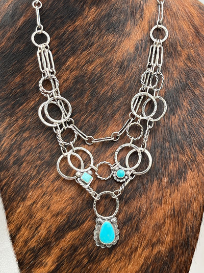 Eleanor Triple Layer Ring Link Turquoise Sterling Necklace - 20"