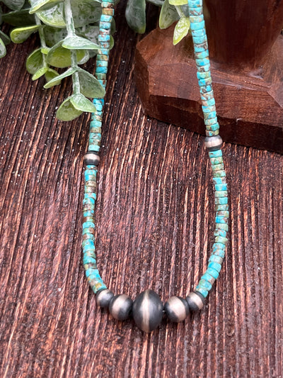 Agatha Turquoise Cylinder Necklace With Graduated Navajo Pearl Center - 18"