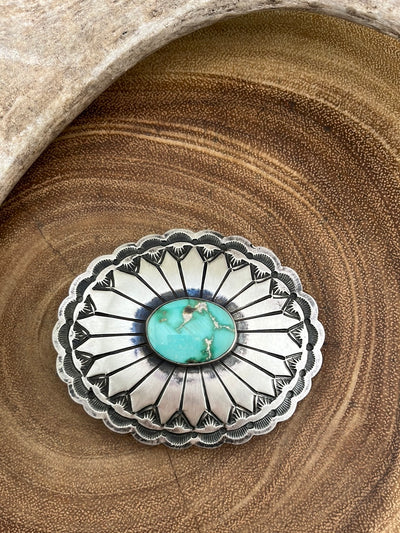 Denver Sterling Silver and Royston Turquoise Stamped Belt Buckle