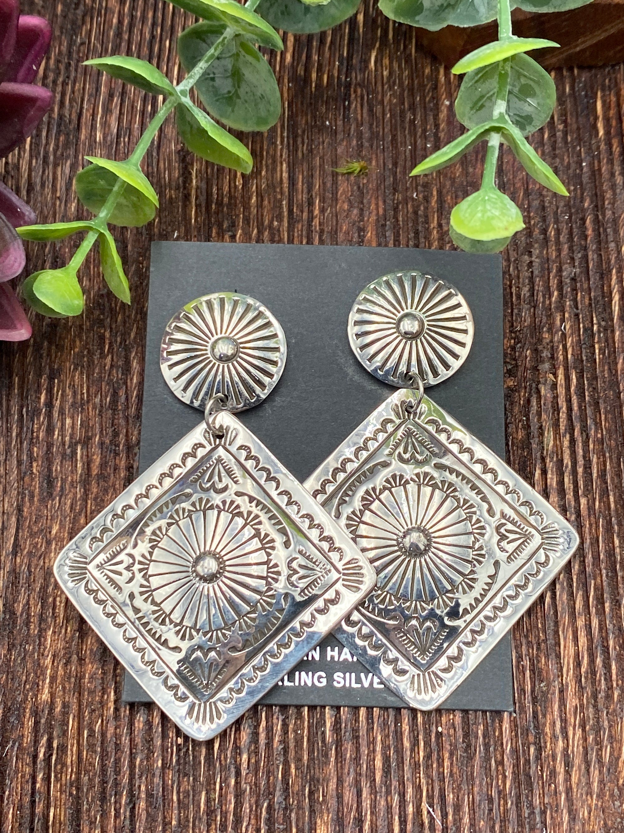Melton Round Post Diamond Drop Stamped Sterling Concho Earrings