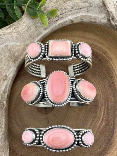 Libby Roped Sterling 3 Stone Pink Conch Cuff - Rectangle Center