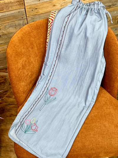 Shayna Washed Denim Embroidered Capris