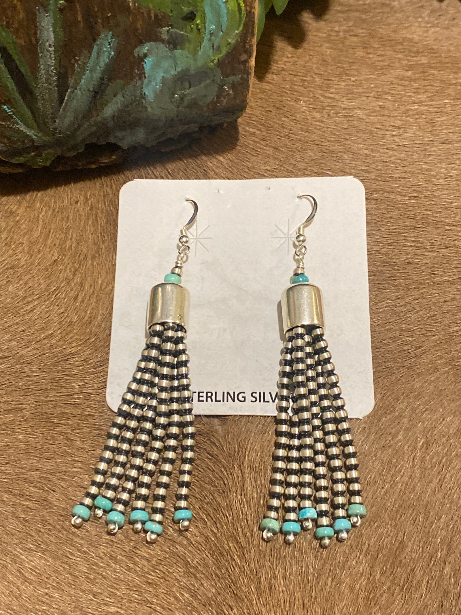 Brae Sterling Cylinder 3mm Navajo Tassel Earrings - Turquoise