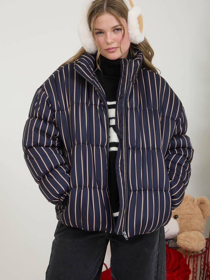 Striped High Neck Puffer Jacket