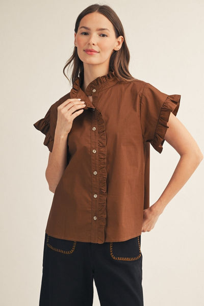Susana Short Sleeve Ruffle Neck Button Front Top