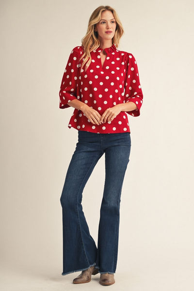 Covington Ruffle Collar V Neck Top - Polka Dots