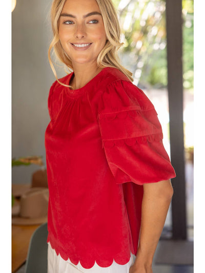 Scalloped Hemline Bubble Sleeve Solid Corduroy Top