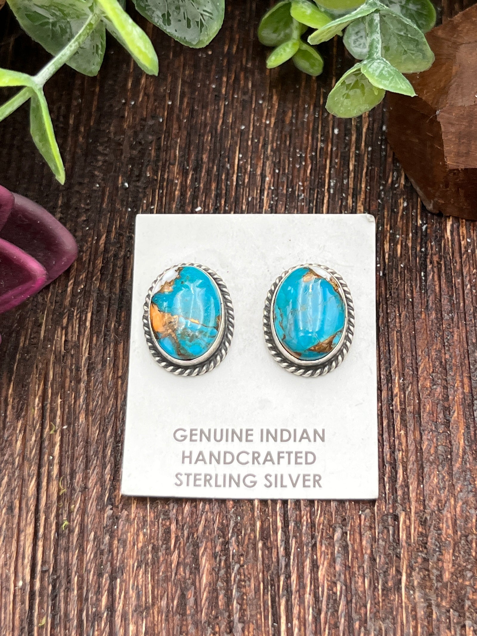 Marion Sterling Roped Orange Krush Turquoise Stud Earrings