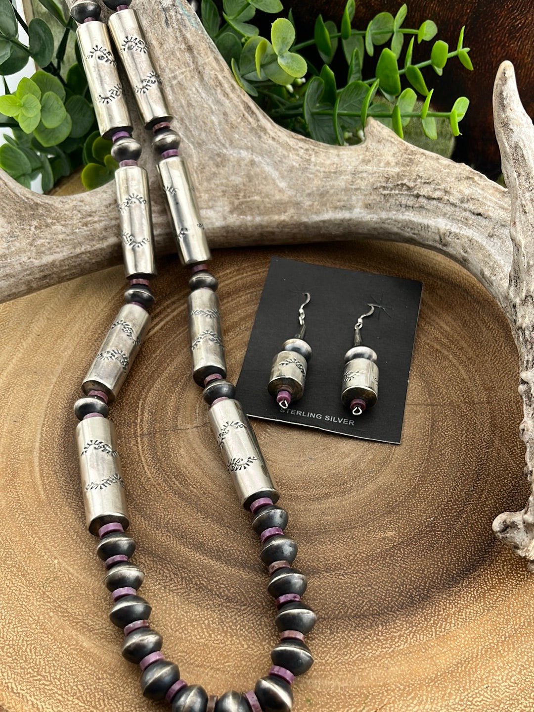 Joni Sterling Silver Barrel & Saucer Bead Necklace & Earring Set