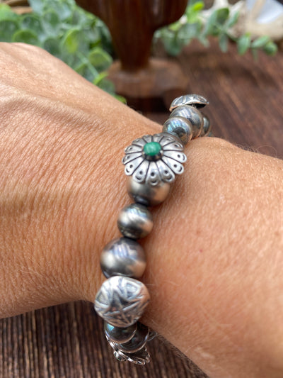 Aiken Stamped Shield & Decorative Bead Sterling Bracelet