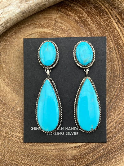 Bella Oval Stone Post Sterling Earrings With Teardrop Drop - Turquoise