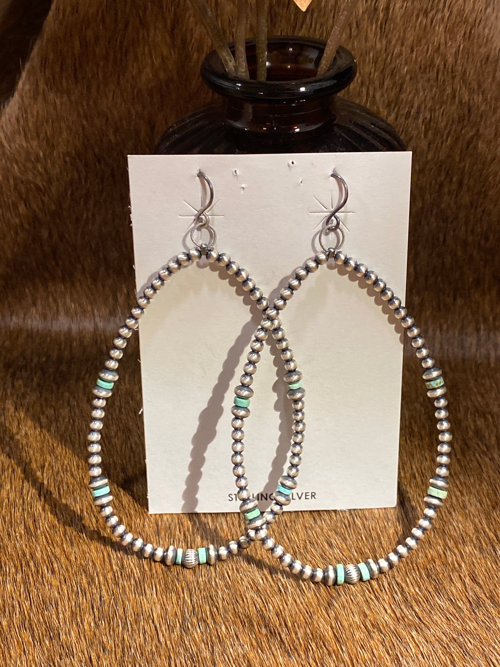 Dixie 3mm Navajo Hoop Earrings with Stamped Bead & Turquoise Accents - 3.8"