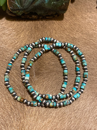 Othello 4mm Navajo Pearl and Turquoise Cylinder Bead Stretch Bracelet