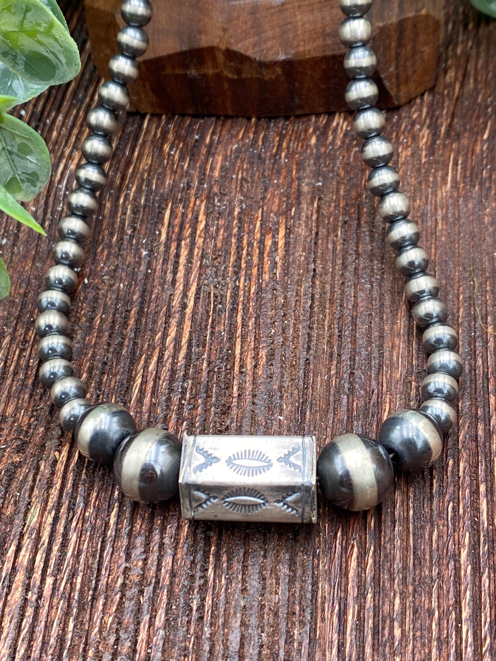 Sammy Varied Navajo Necklace With Stamped Hex Center Bead - 16"